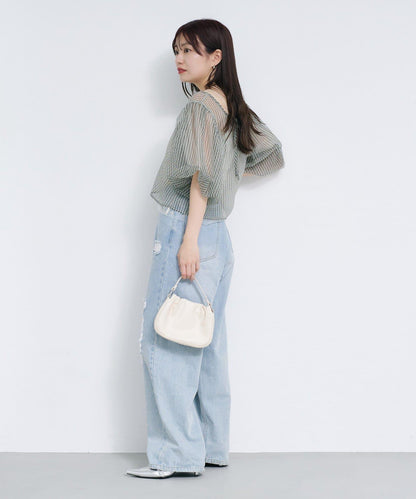 網紗格紋泡泡袖襯衫