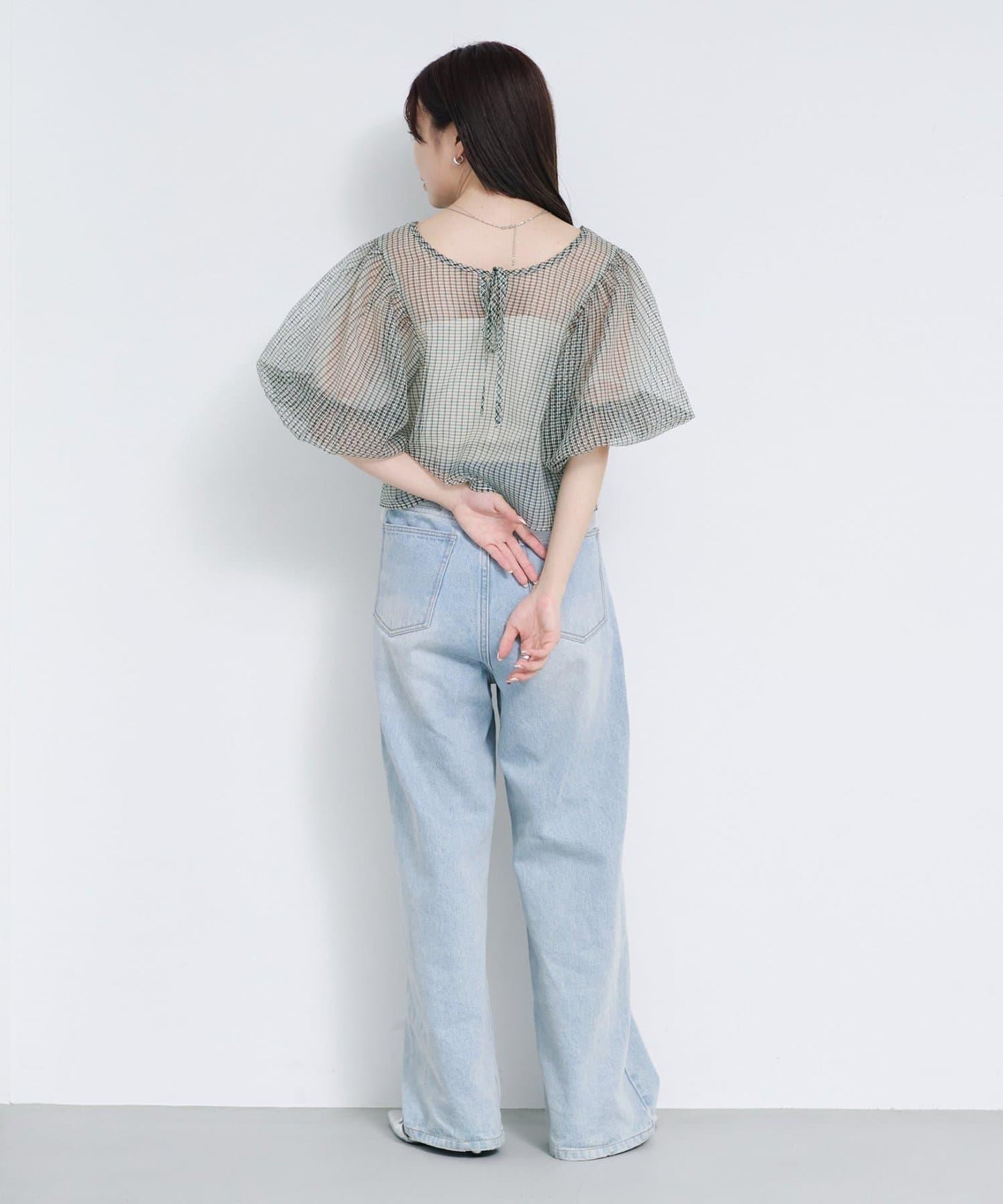 網紗格紋泡泡袖襯衫