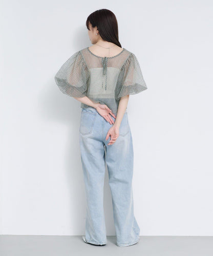 網紗格紋泡泡袖襯衫