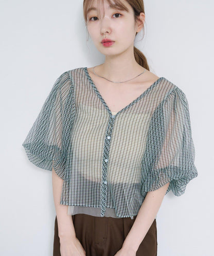 網紗格紋泡泡袖襯衫