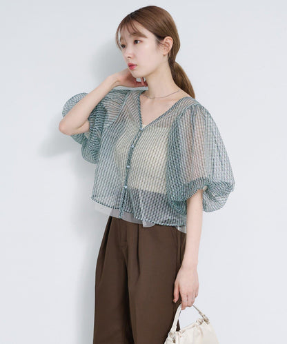 網紗格紋泡泡袖襯衫