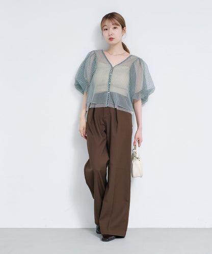 網紗格紋泡泡袖襯衫