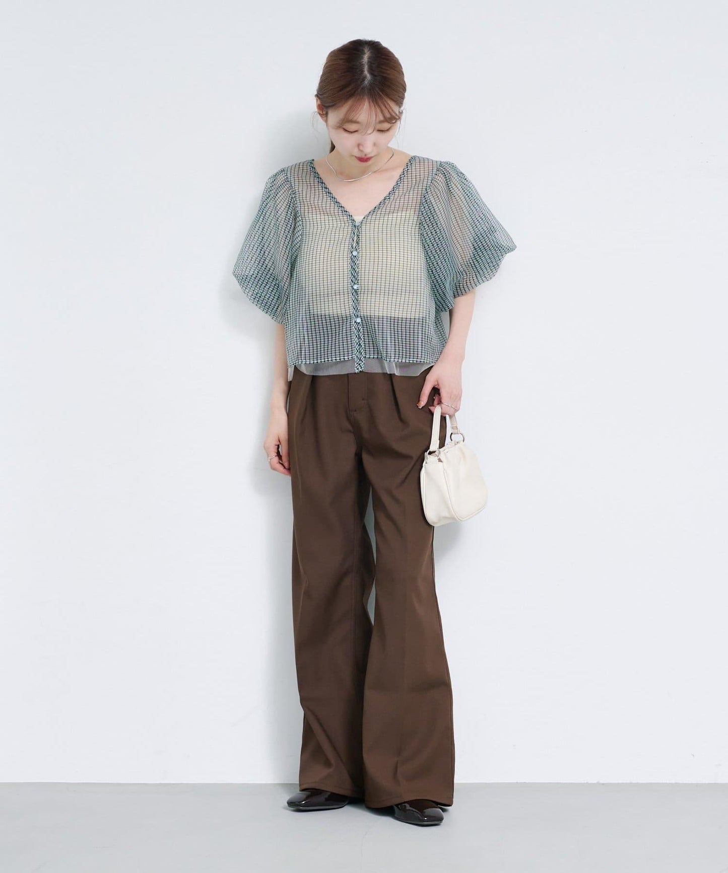 網紗格紋泡泡袖襯衫