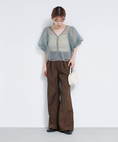 網紗格紋泡泡袖襯衫