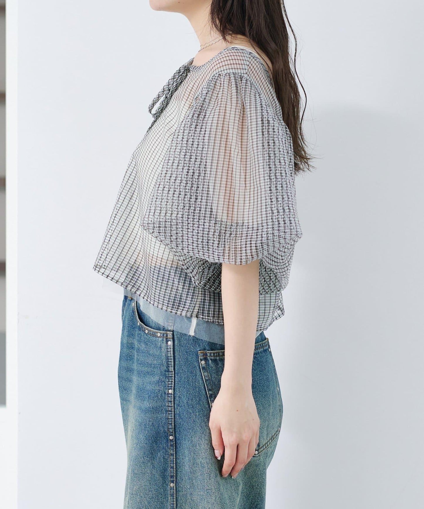 網紗格紋泡泡袖襯衫
