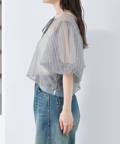 網紗格紋泡泡袖襯衫