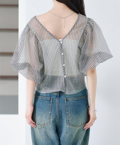 網紗格紋泡泡袖襯衫