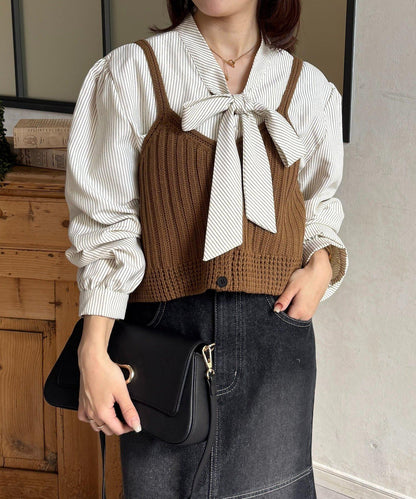 背心組合 蝴蝶結設計 襯衫套裝