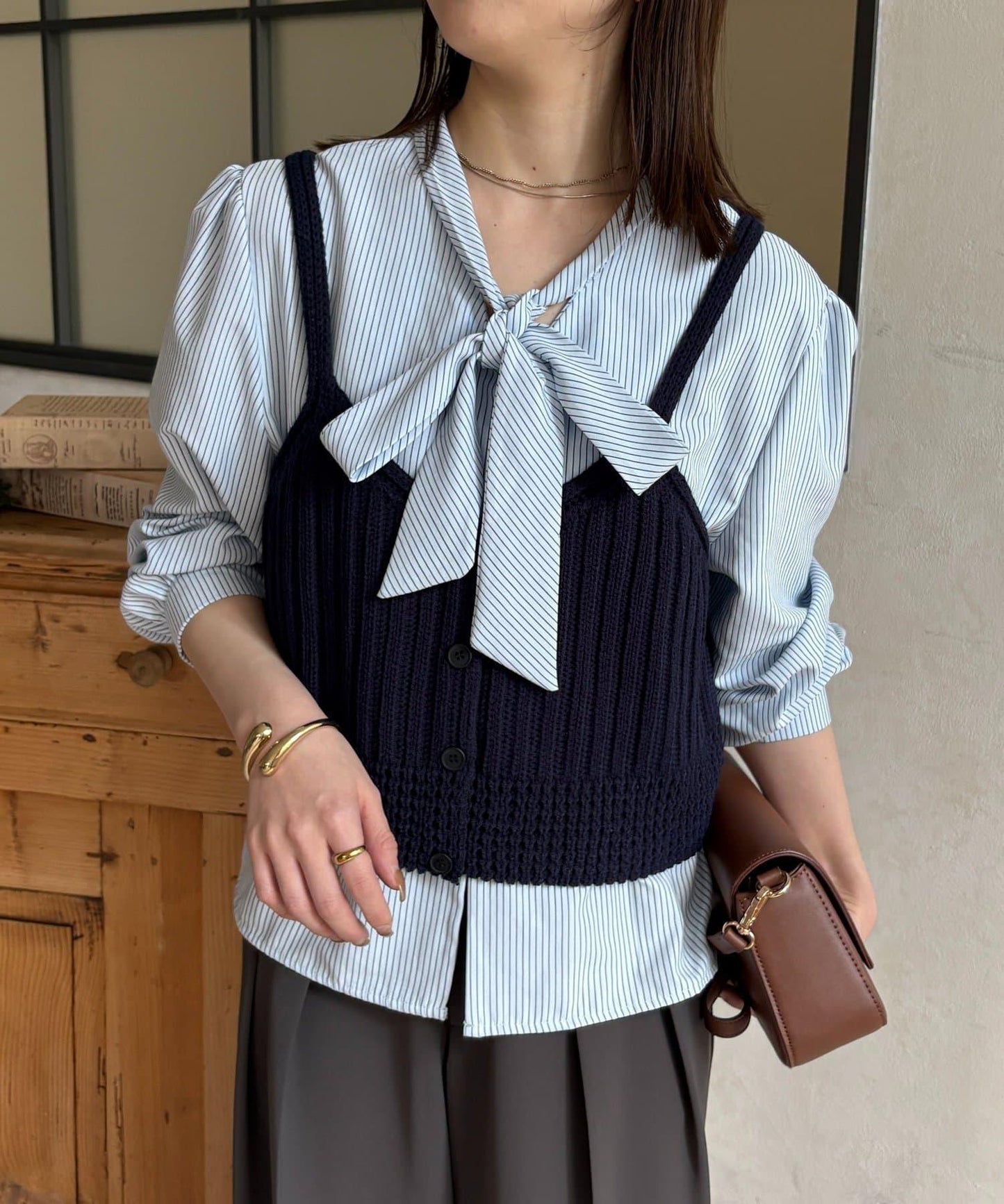 背心組合 蝴蝶結設計 襯衫套裝