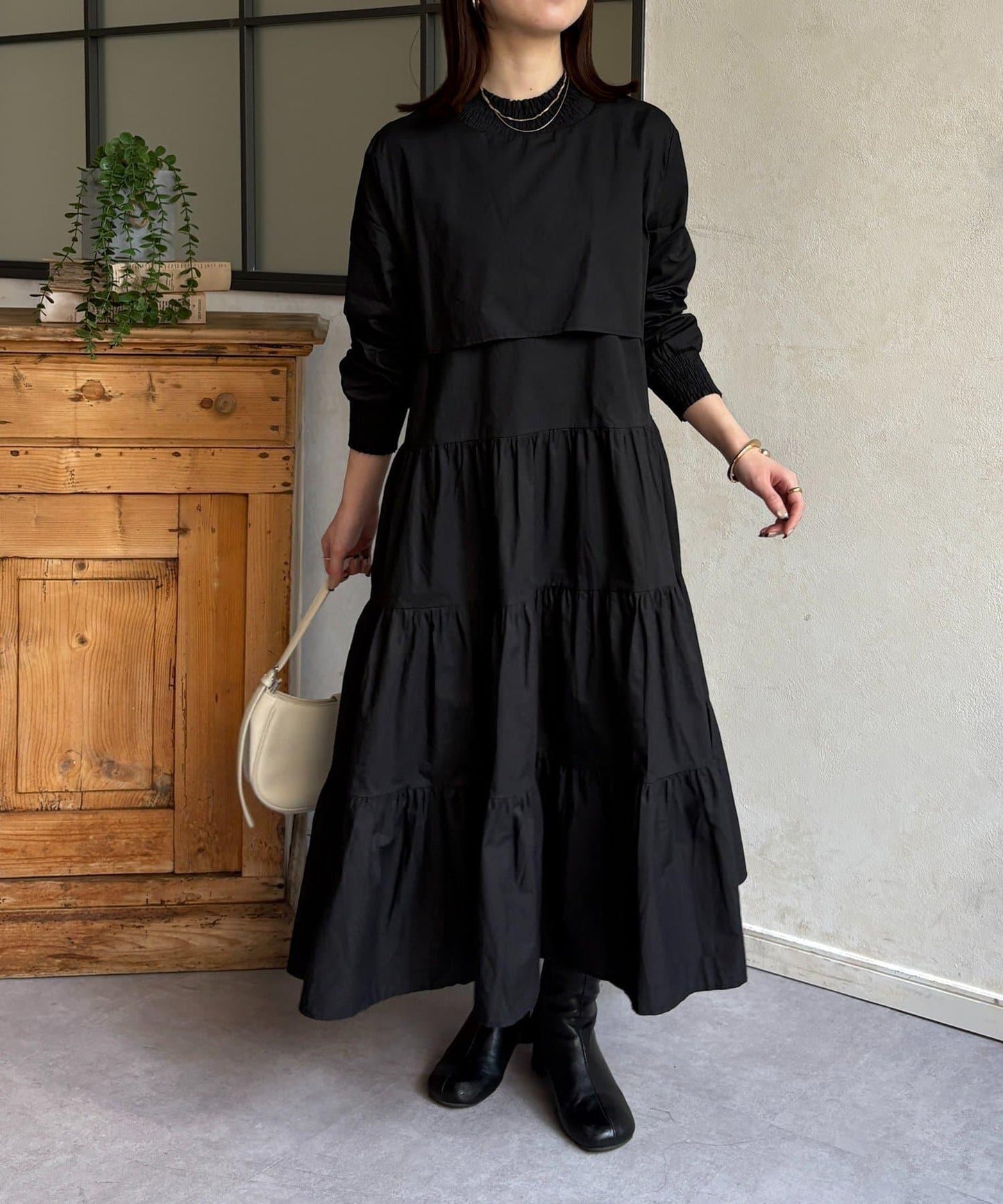 抽褶領 層疊連衣裙