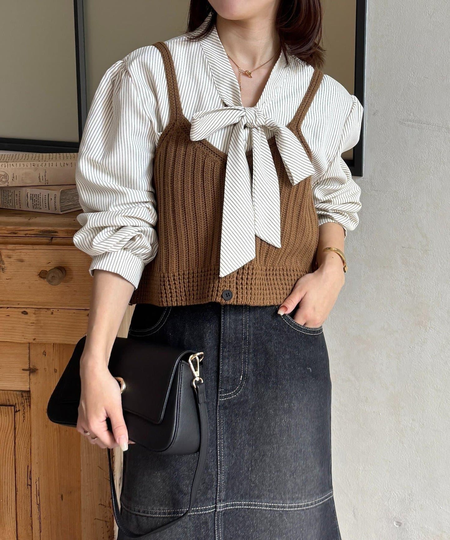 背心組合 蝴蝶結設計 襯衫套裝