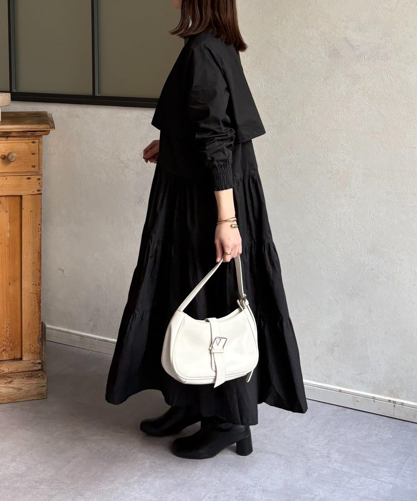 抽褶領 層疊連衣裙