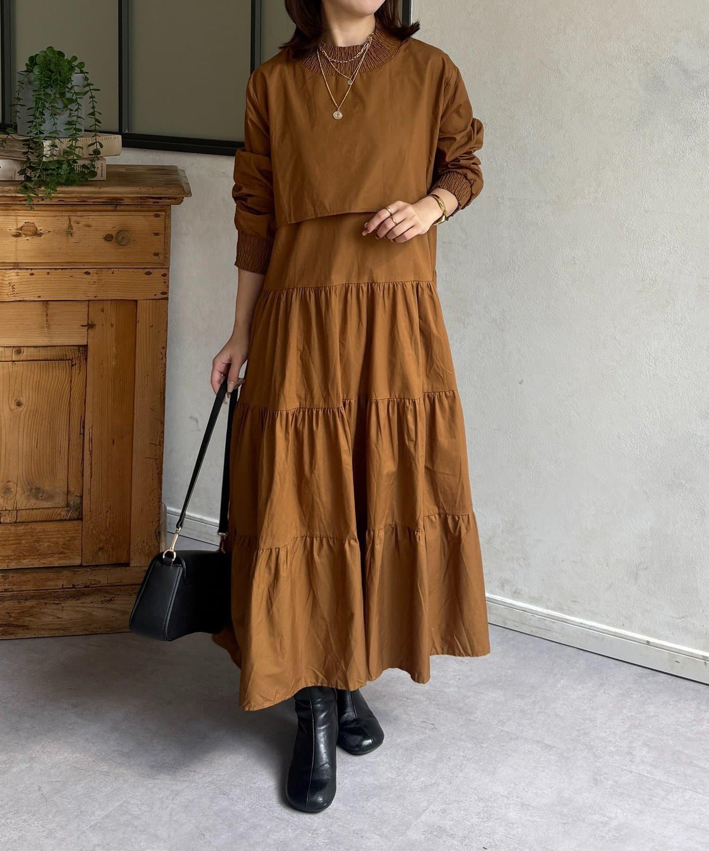 抽褶領 層疊連衣裙