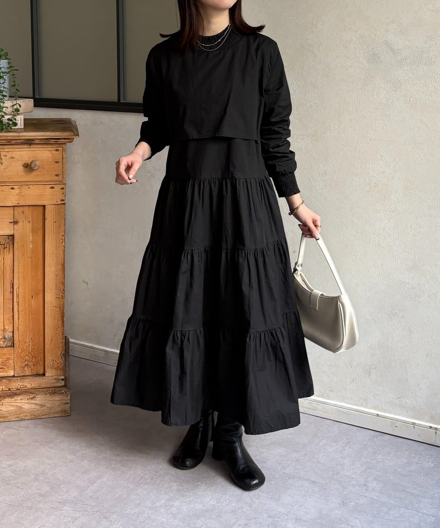 抽褶領 層疊連衣裙