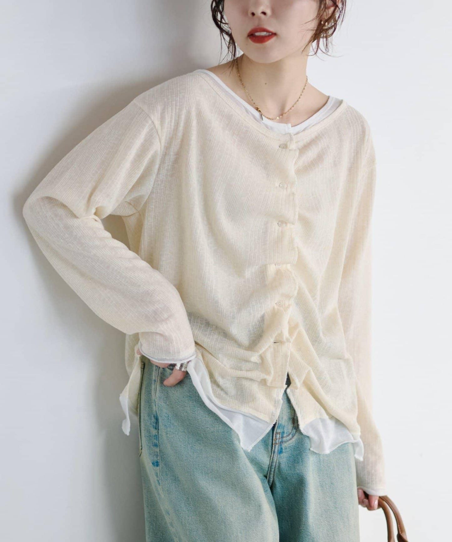 前褶層次感混色羅紋針織開衫