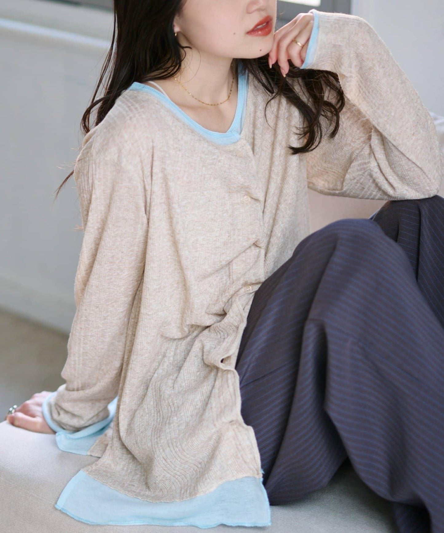 前褶層次感混色羅紋針織開衫