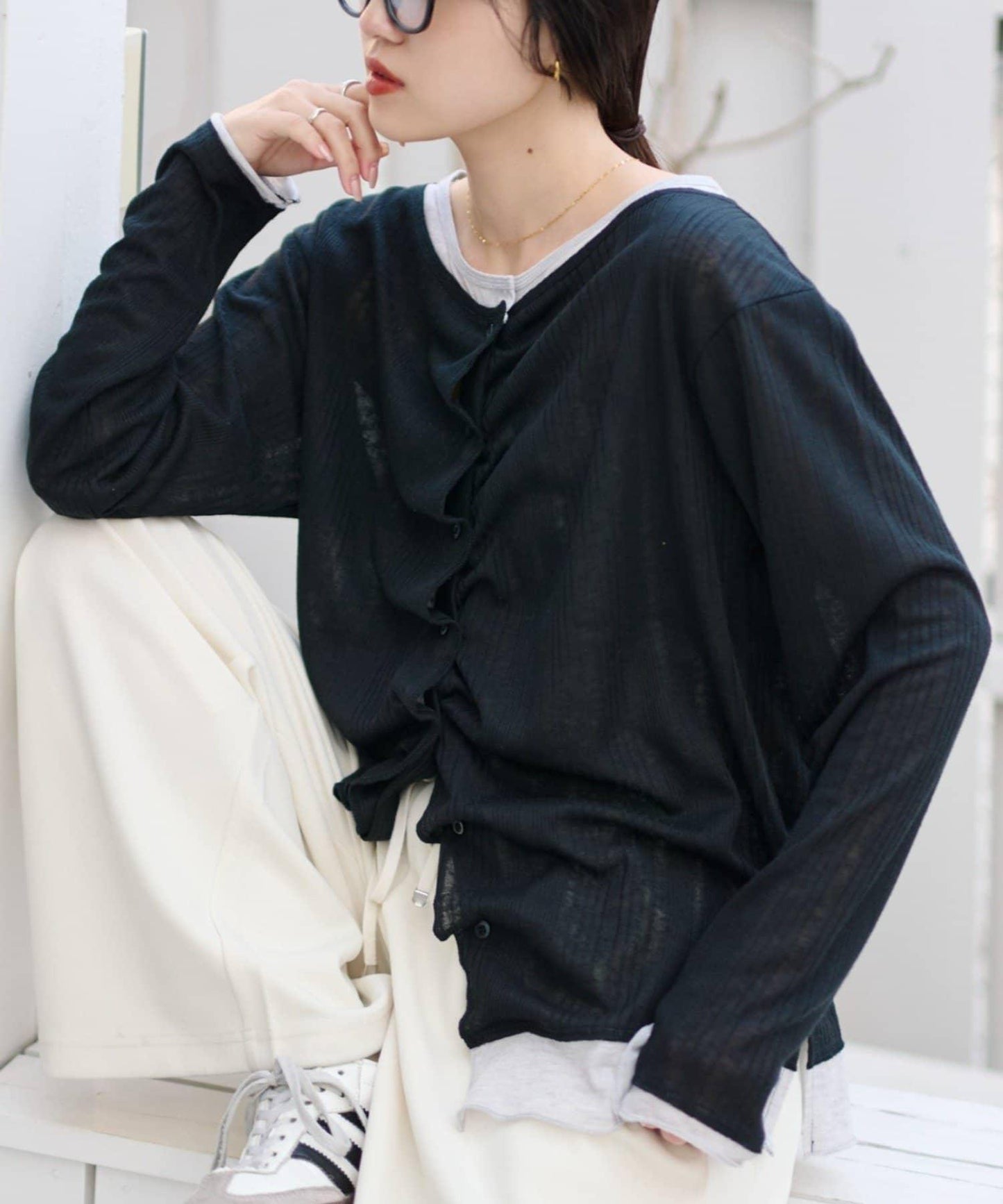 前褶層次感混色羅紋針織開衫