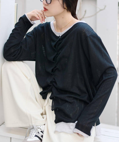 前褶層次感混色羅紋針織開衫