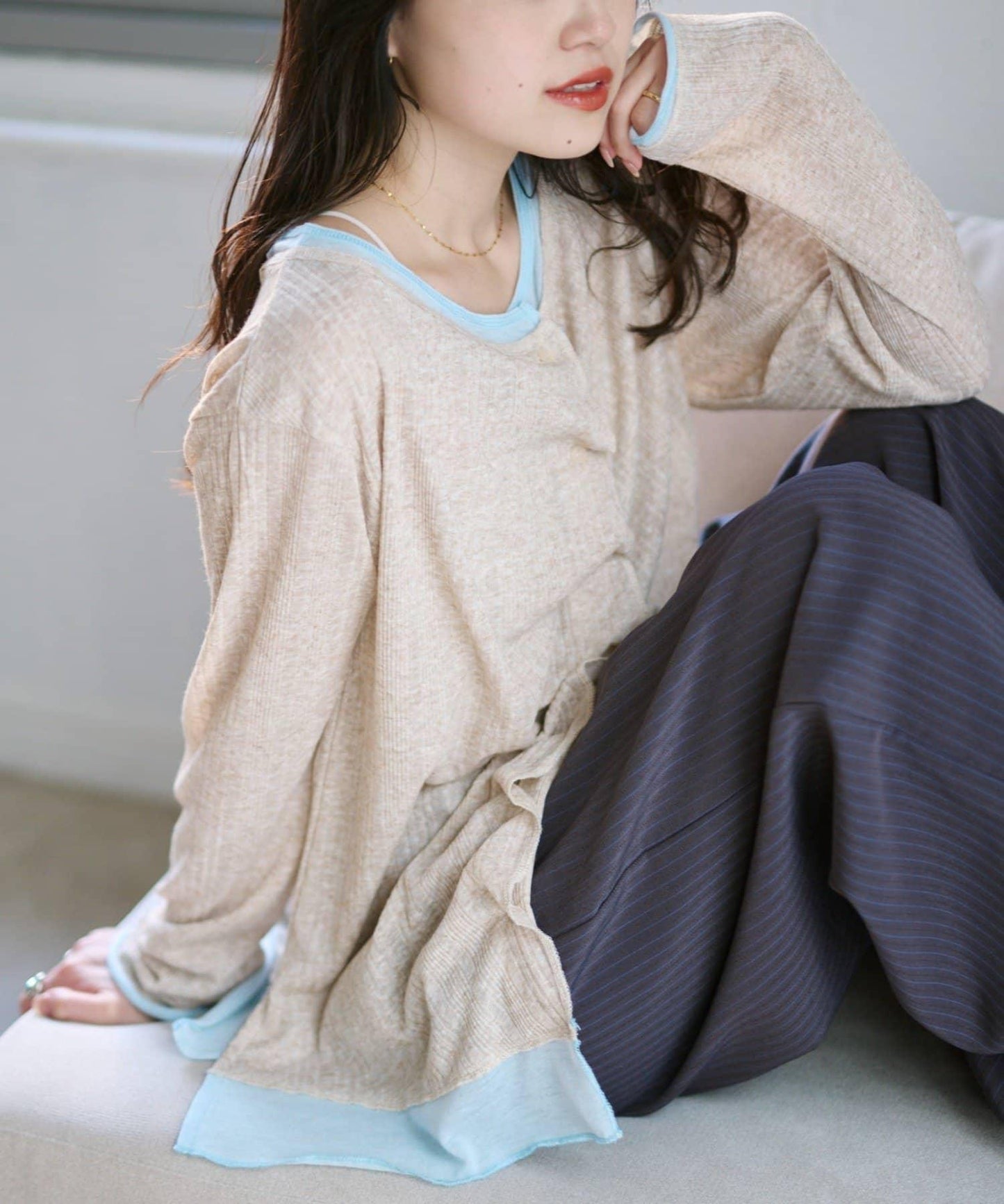 前褶層次感混色羅紋針織開衫