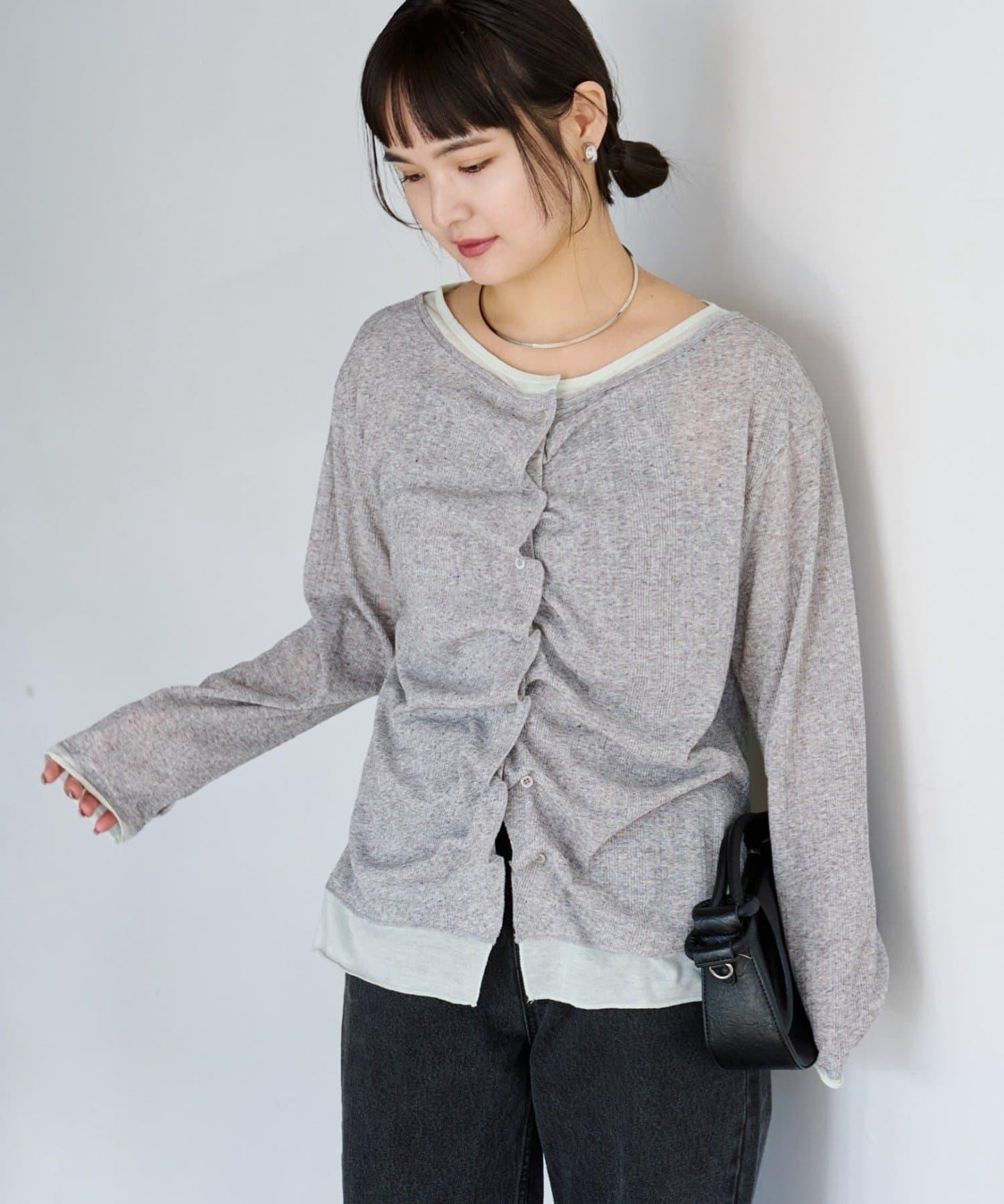 前褶層次感混色羅紋針織開衫