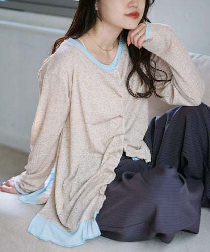 前褶層次感混色羅紋針織開衫