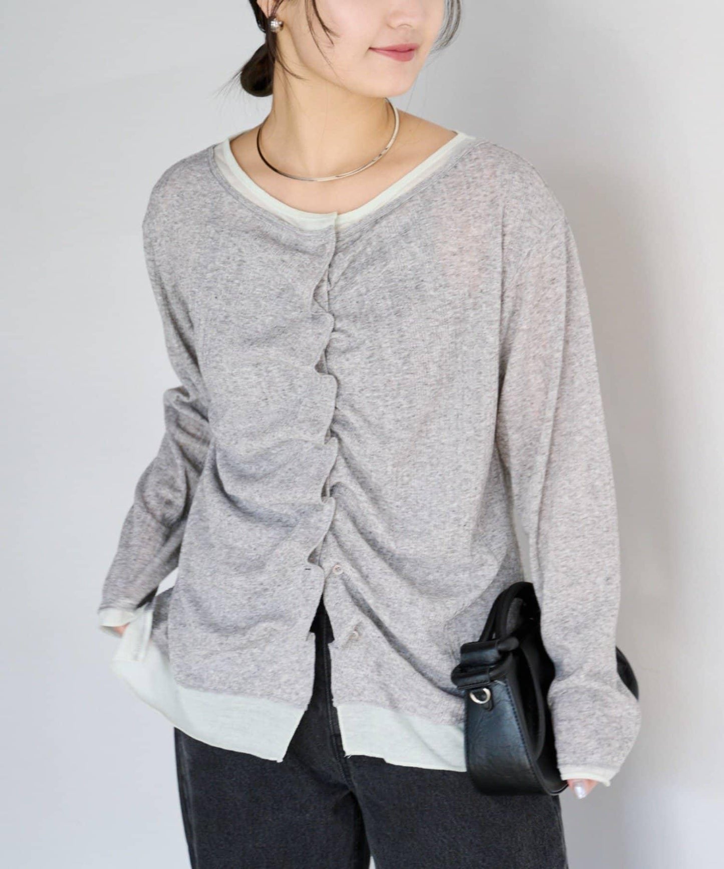 前褶層次感混色羅紋針織開衫