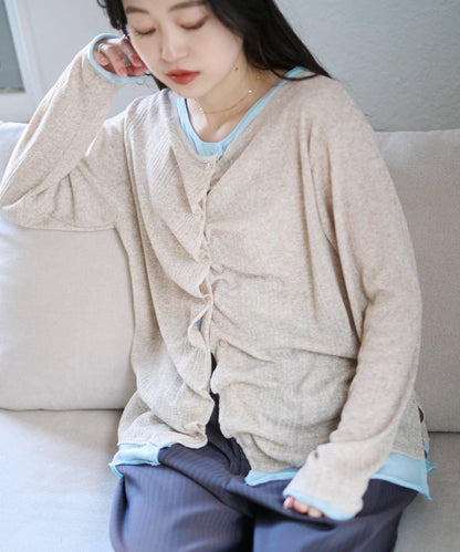 前褶層次感混色羅紋針織開衫