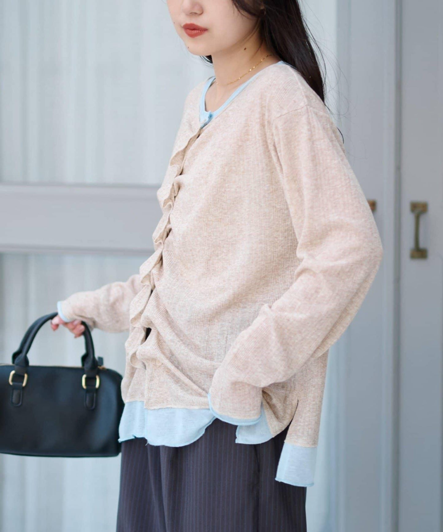 前褶層次感混色羅紋針織開衫