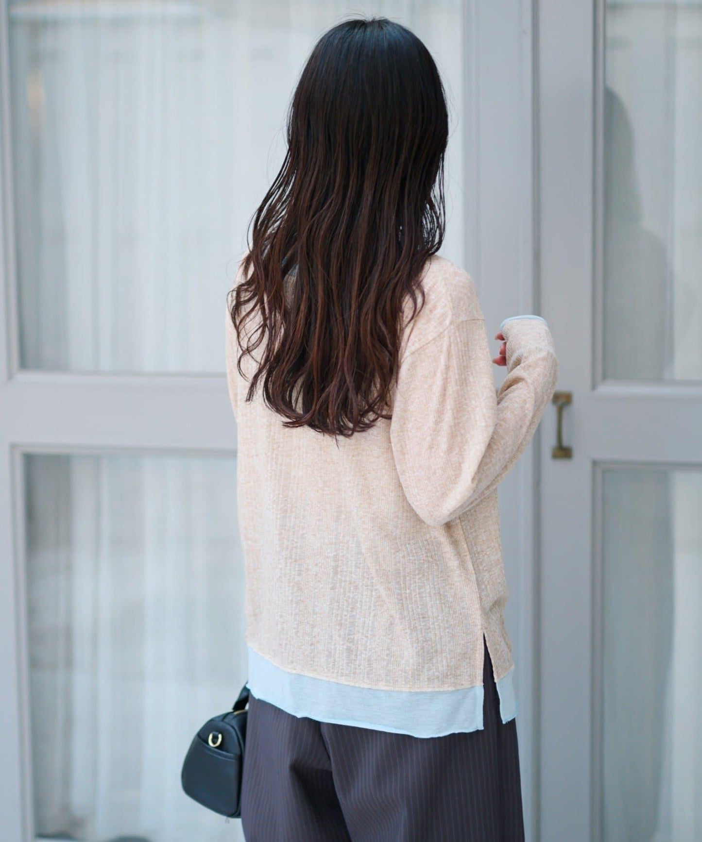 前褶層次感混色羅紋針織開衫