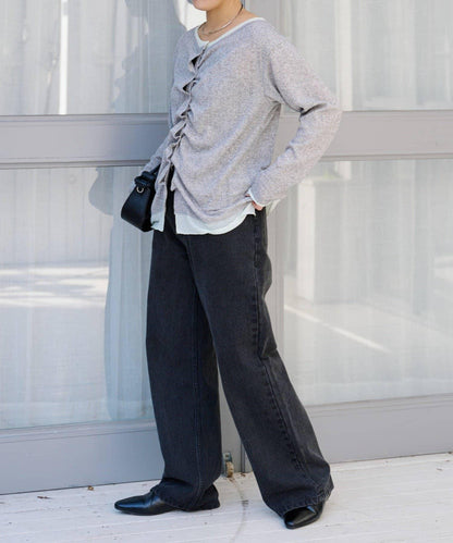 前褶層次感混色羅紋針織開衫