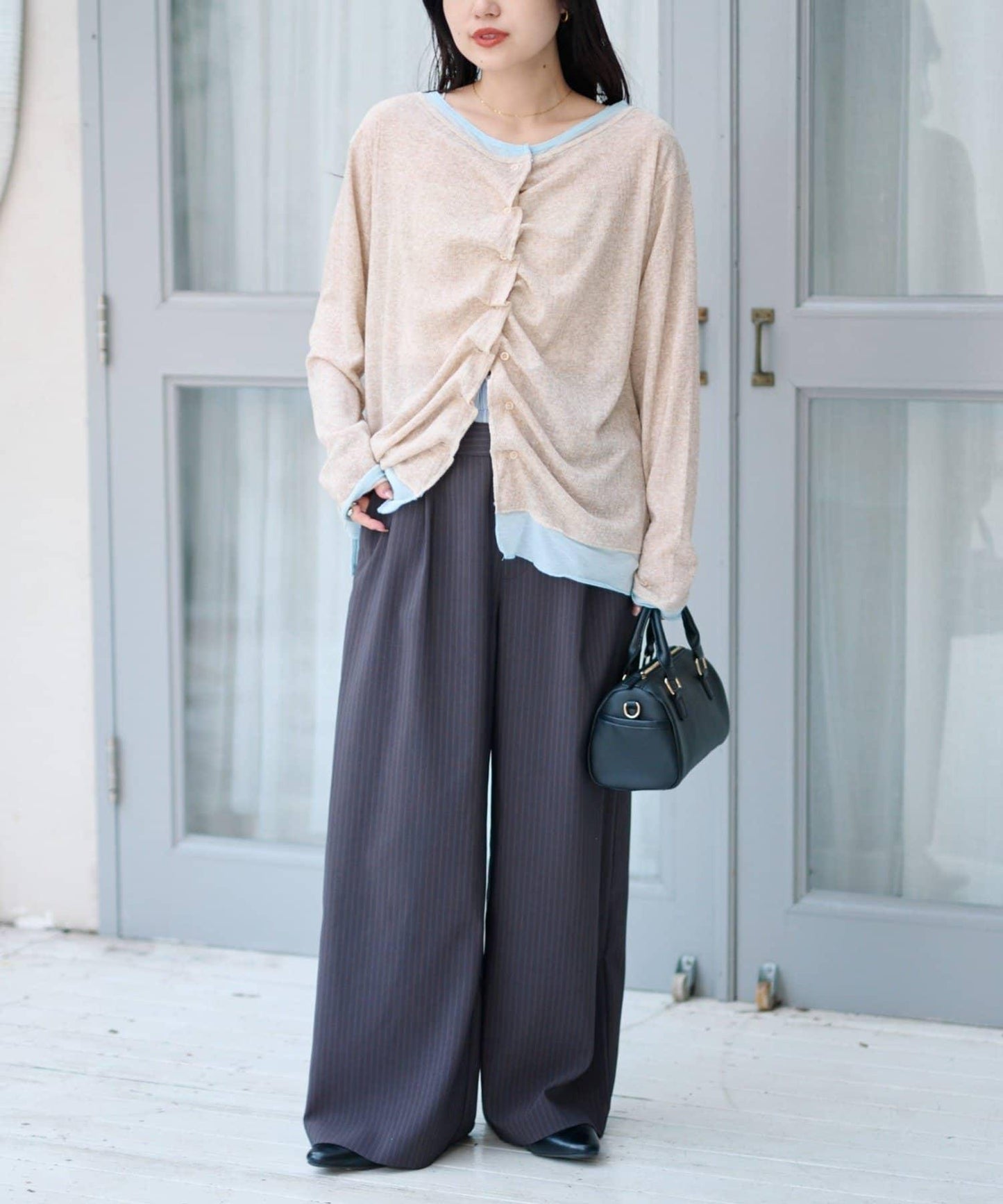 前褶層次感混色羅紋針織開衫