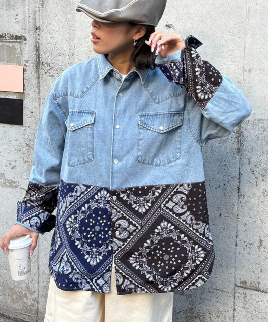 SOUNDS GOOOOD 頭巾拼接 牛仔襯衫