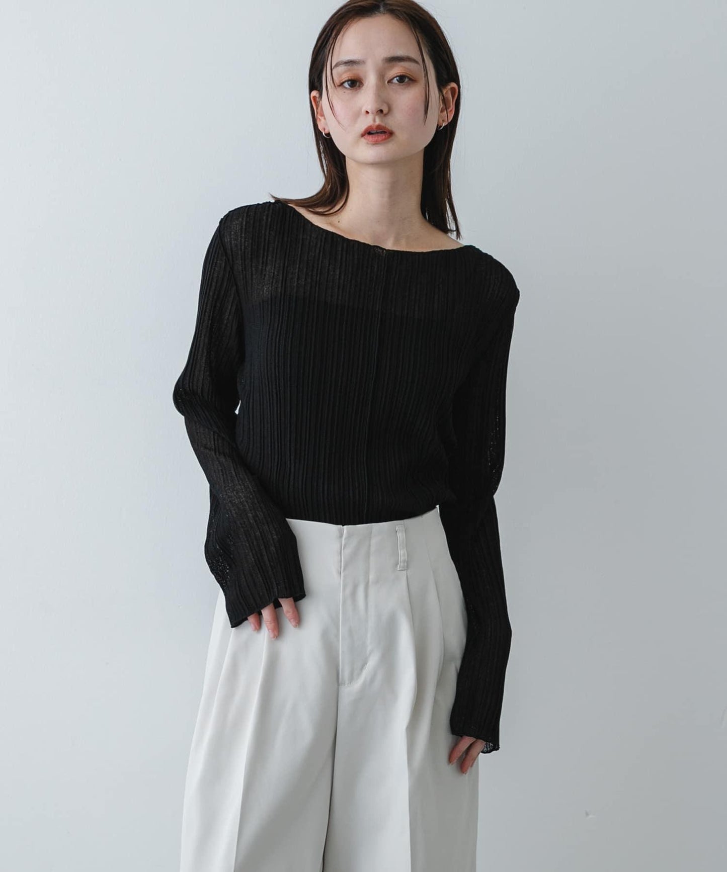 棉結透紗褶皺上衣