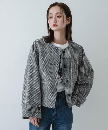 粗花呢無領短款夾克