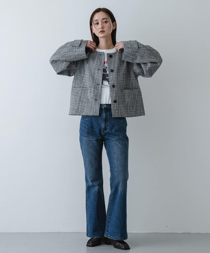 粗花呢無領短款夾克