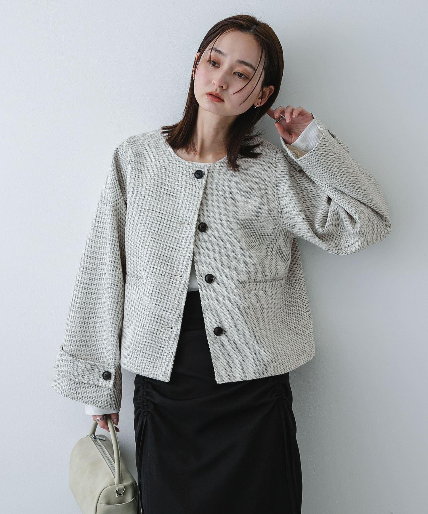 粗花呢無領短款夾克