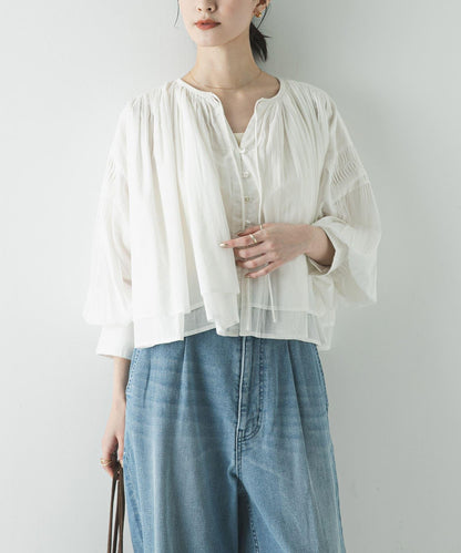 棉質薄紗褶皺短款襯衫