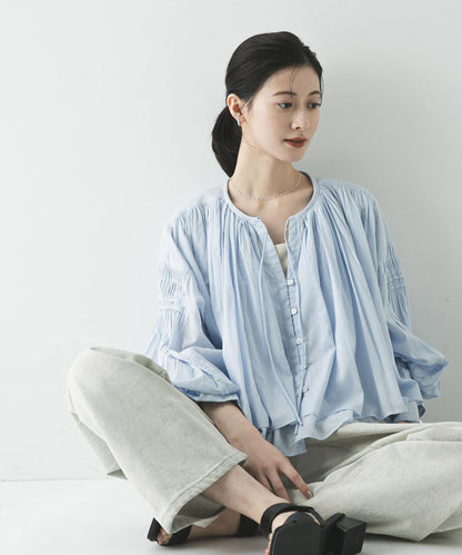 棉質薄紗褶皺短款襯衫