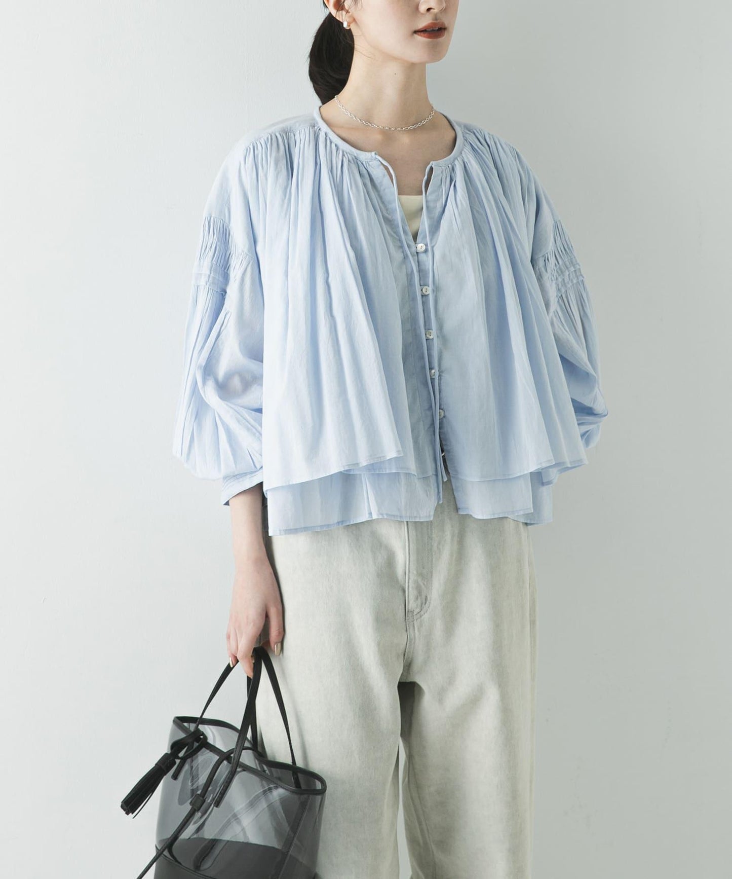 棉質薄紗褶皺短款襯衫