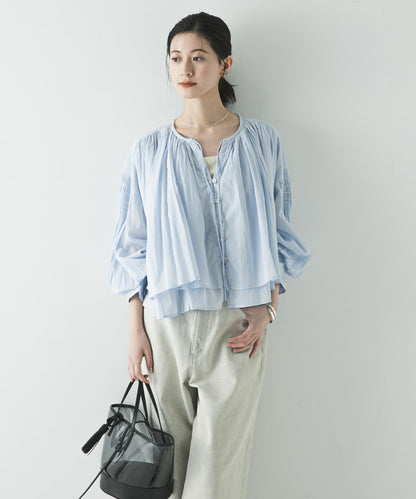棉質薄紗褶皺短款襯衫