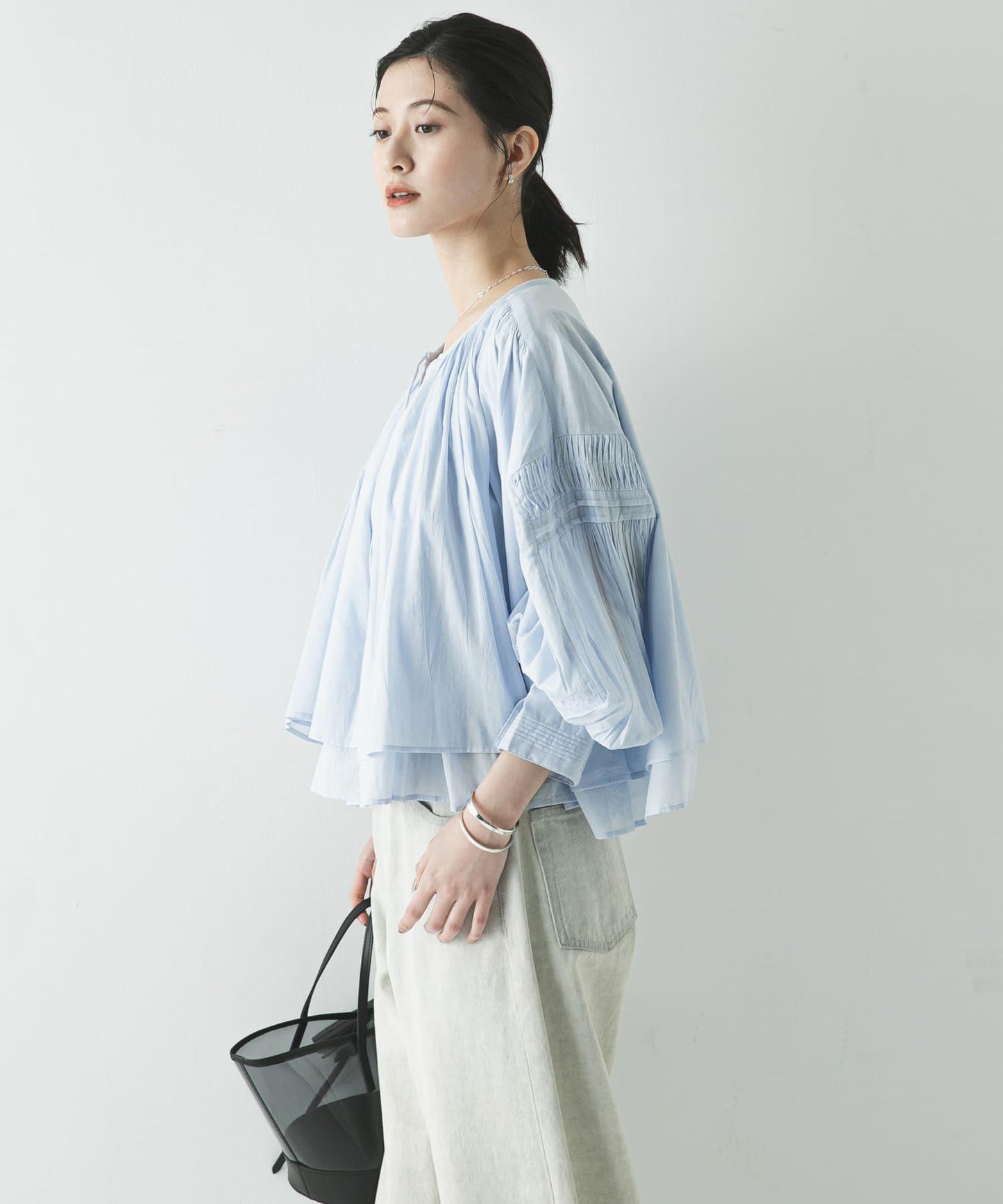 棉質薄紗褶皺短款襯衫