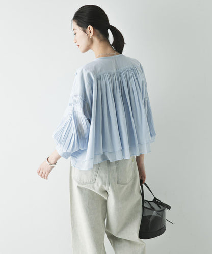 棉質薄紗褶皺短款襯衫