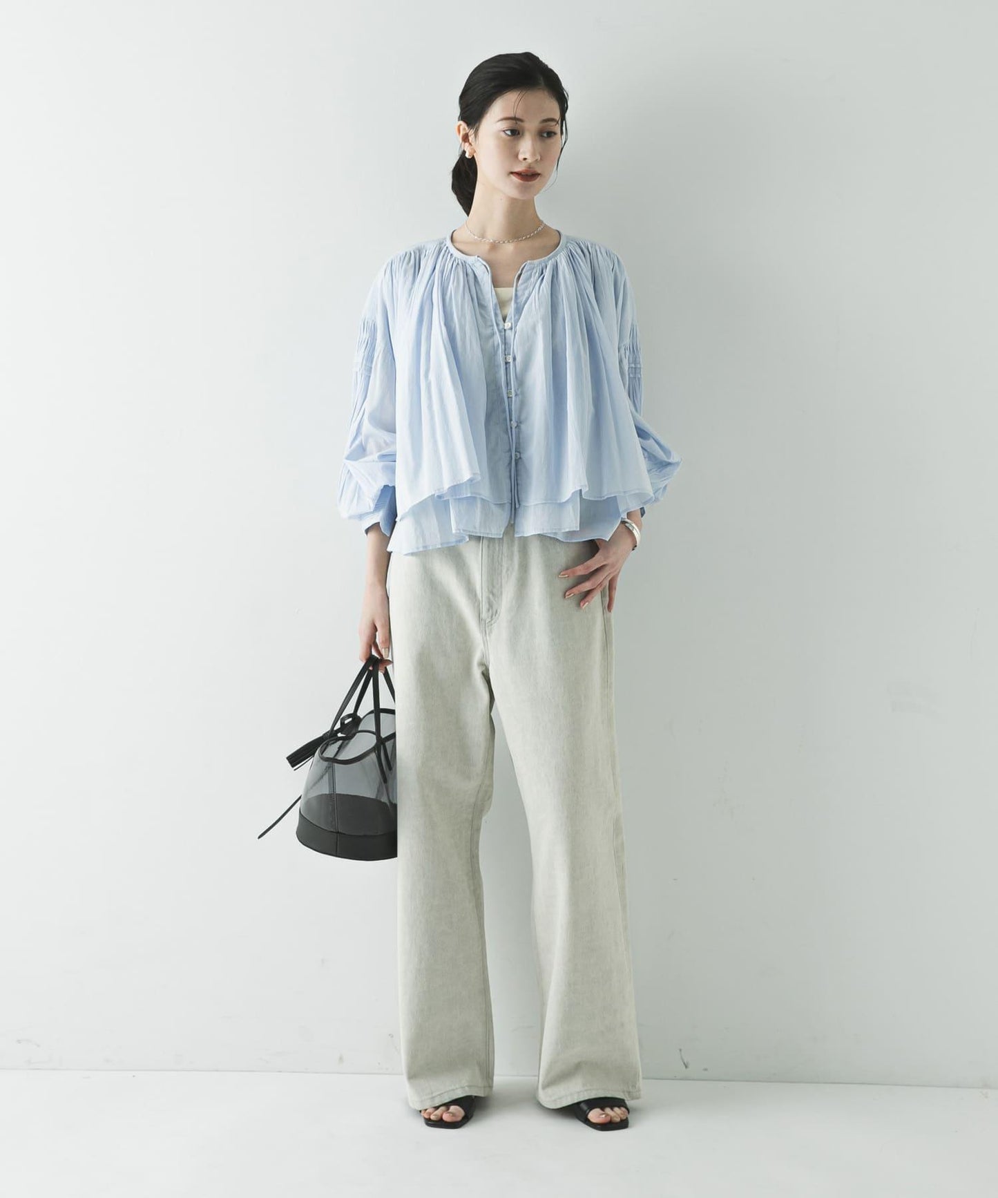 棉質薄紗褶皺短款襯衫