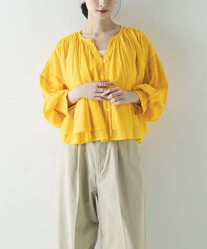 棉質薄紗褶皺短款襯衫