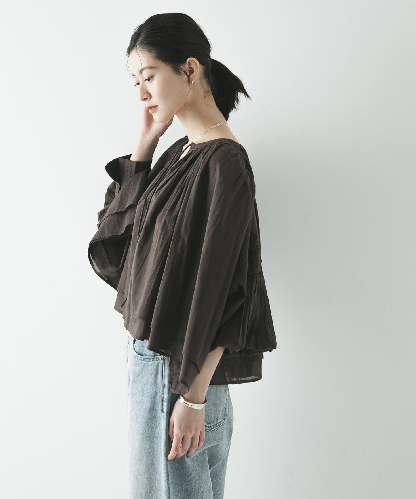 棉質薄紗褶皺短款襯衫