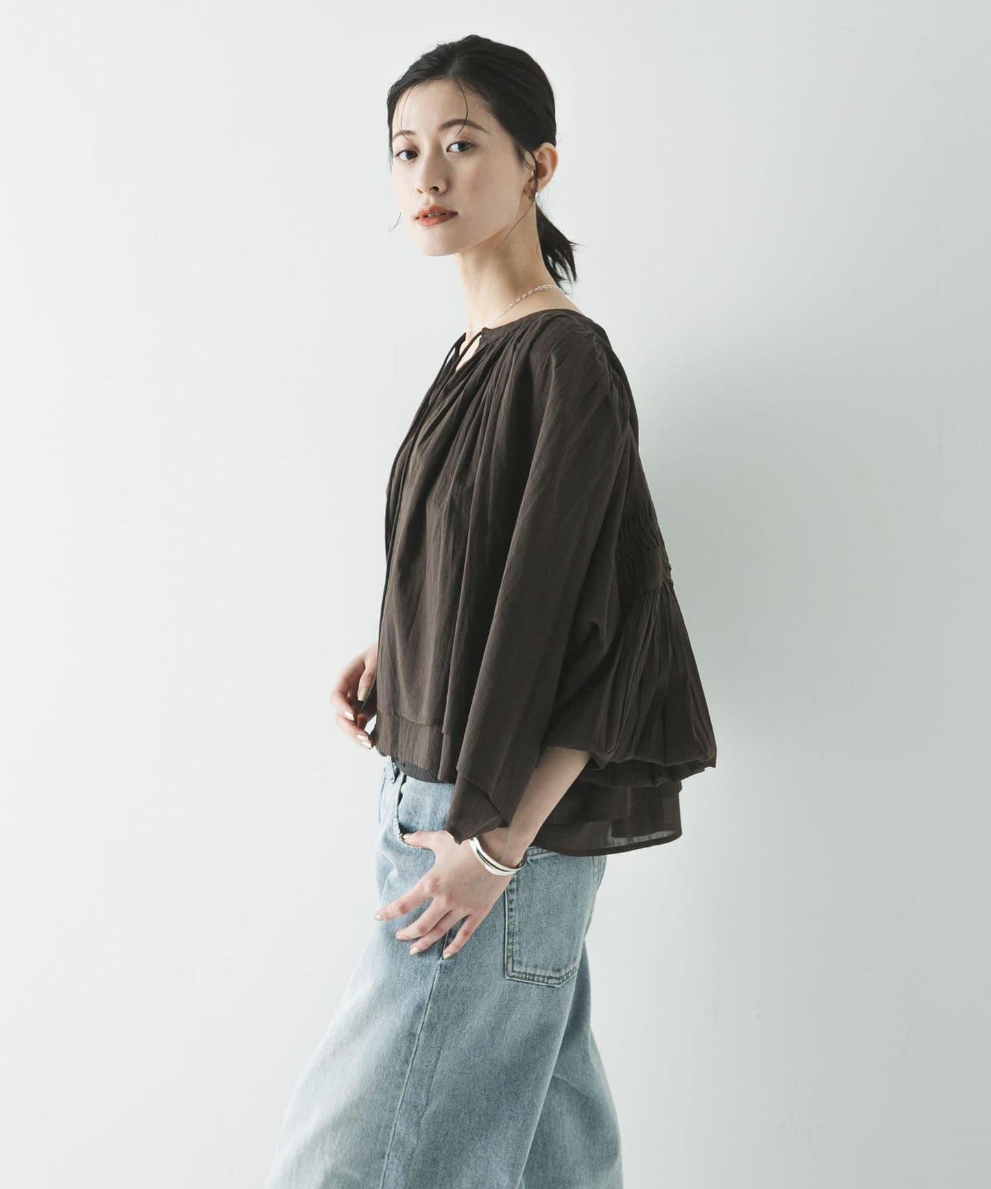 棉質薄紗褶皺短款襯衫