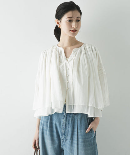 棉質薄紗褶皺短款襯衫