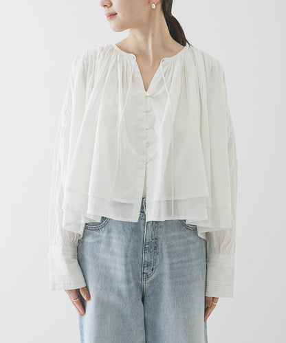 棉質薄紗褶皺短款襯衫