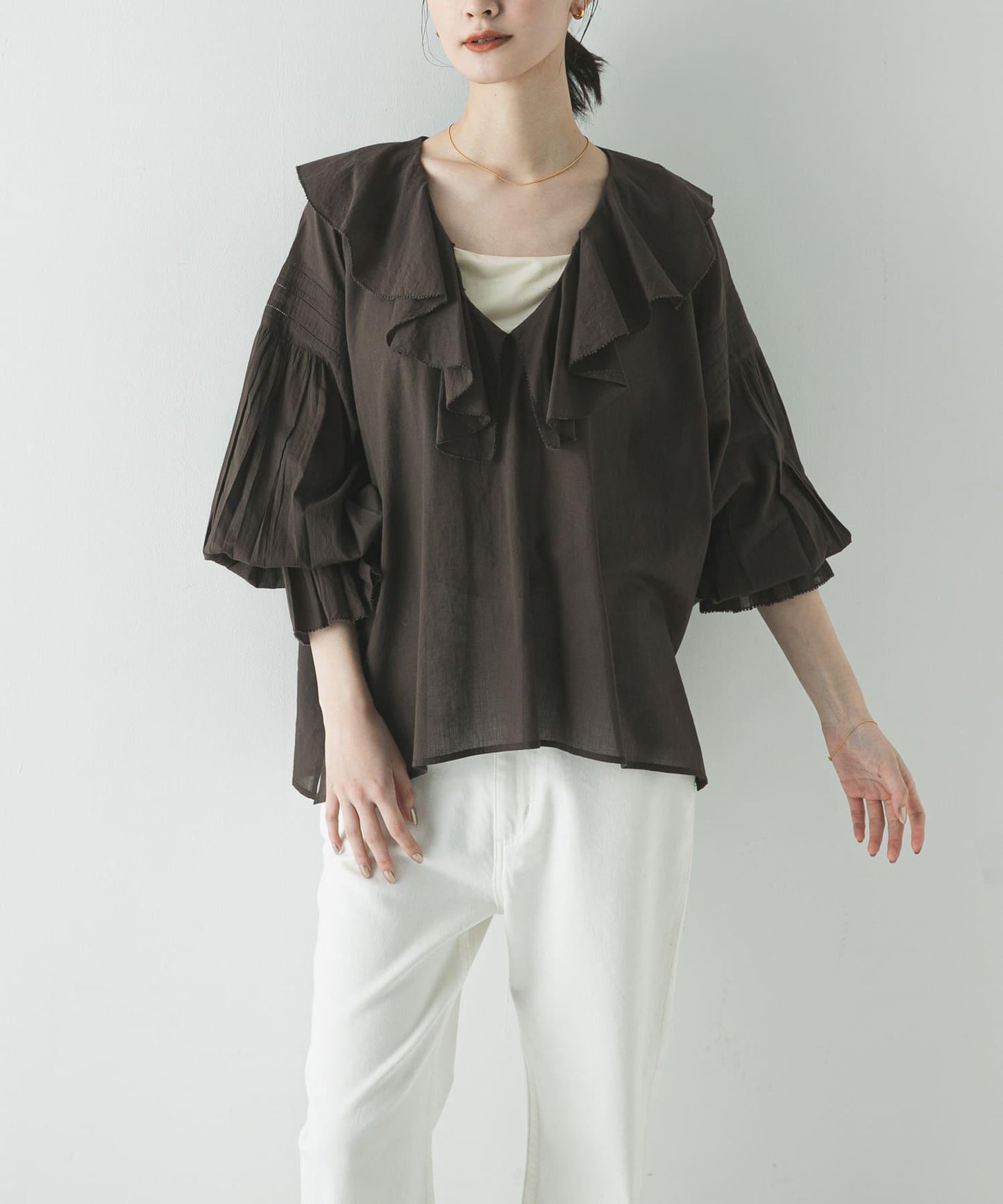 棉質薄紗荷葉邊襯衫