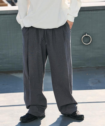 闊腿廓形 褶飾 亞麻混紡 休閒褲